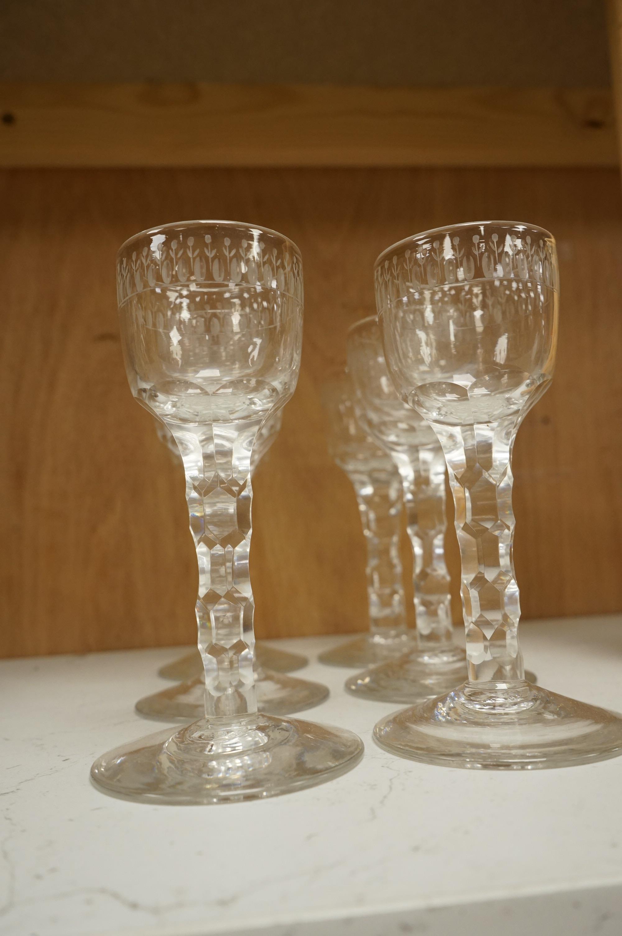 A set of six faceted wine glasses, c.1780, 14cm high